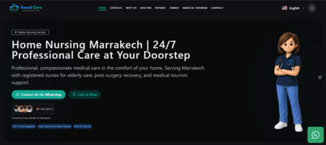 Sanad Care home nursing services website in Marrakech built with Next.js 14 by expert frontend developer Hamza Miloud Amar — professional healthcare static site with local SEO and medical tourism optimization